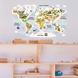 Carte du monde illustrée sur le thème des animaux,  en français, anglais ou espagnol