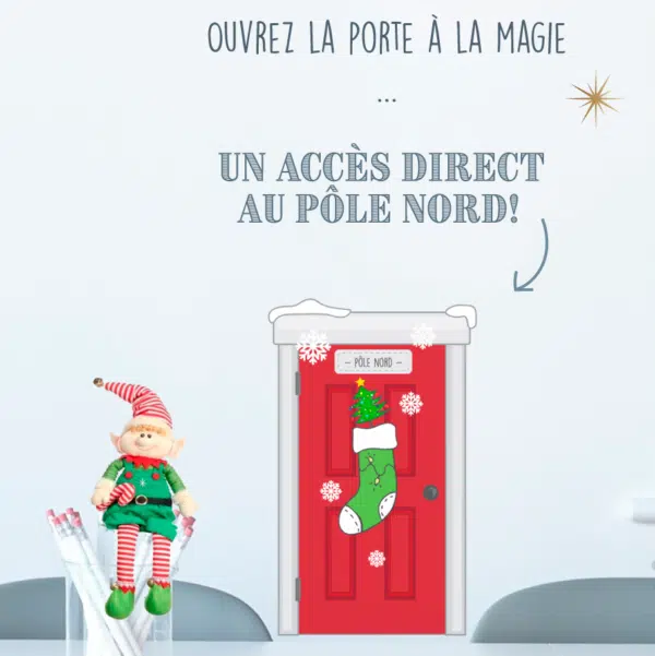 Porte d'entrée ROUGE avec inscription PÔLE NORD pour les lutins, repositionnable et réutilisable chaque année pour faire revenir la magie de Noël! – Image 3